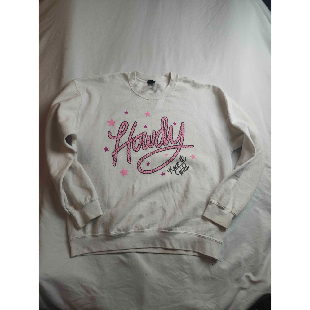 Sweet Claire Howdy Pullover Sweater Womens S/M White Fleece Cowgirl Crew Neck